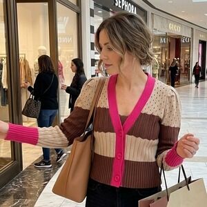 Calligraphie Cardigan Sweater Multicolor Striped Pointelle Puff Sleeve Medium